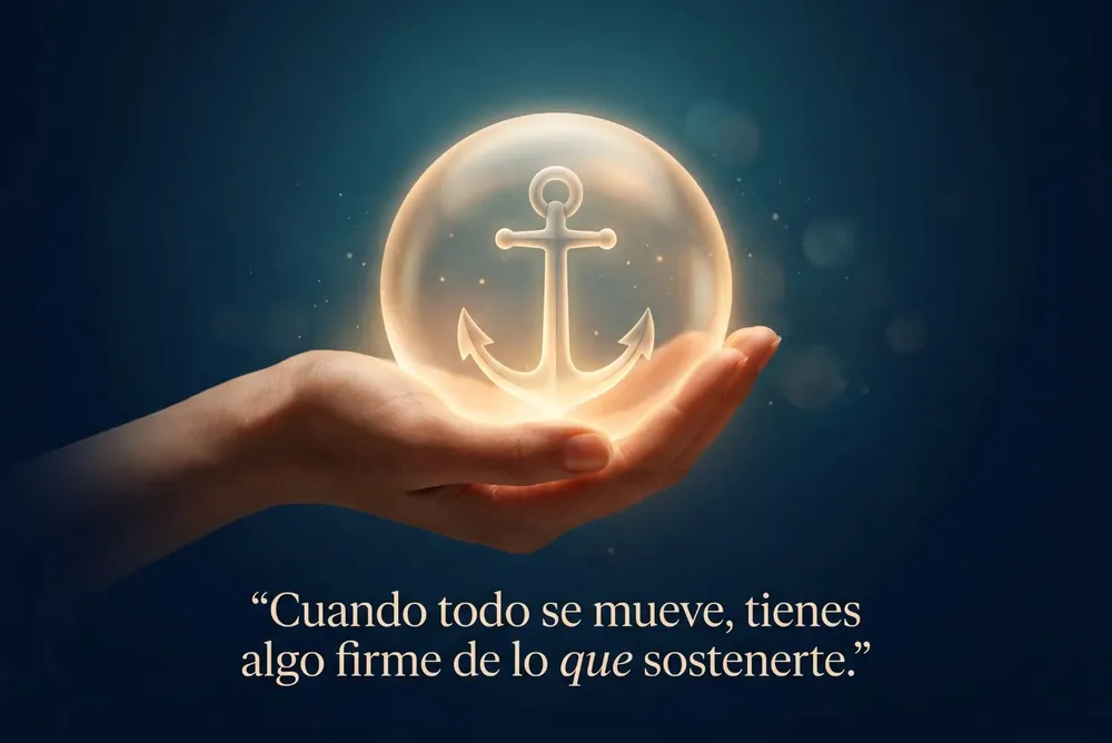 Una mano sostiene una esfera luminosa con un ancla dentro