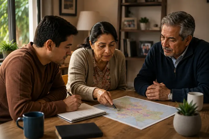 Familia adulta preparando un plan en la mesa de su casa