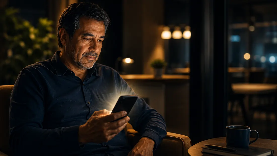 Hombre adulto mirando su teléfono de noche, en casa