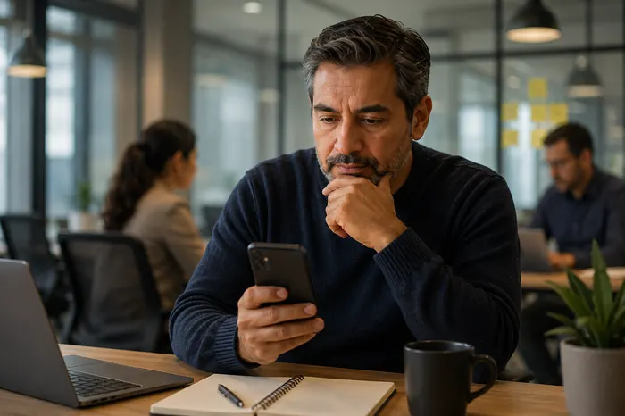 Hombre adulto consultando su teléfono durante la jornada