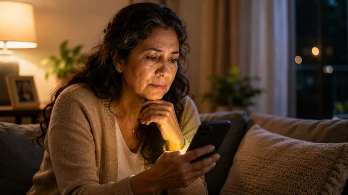 Mujer adulta en casa, tranquila, al final del día